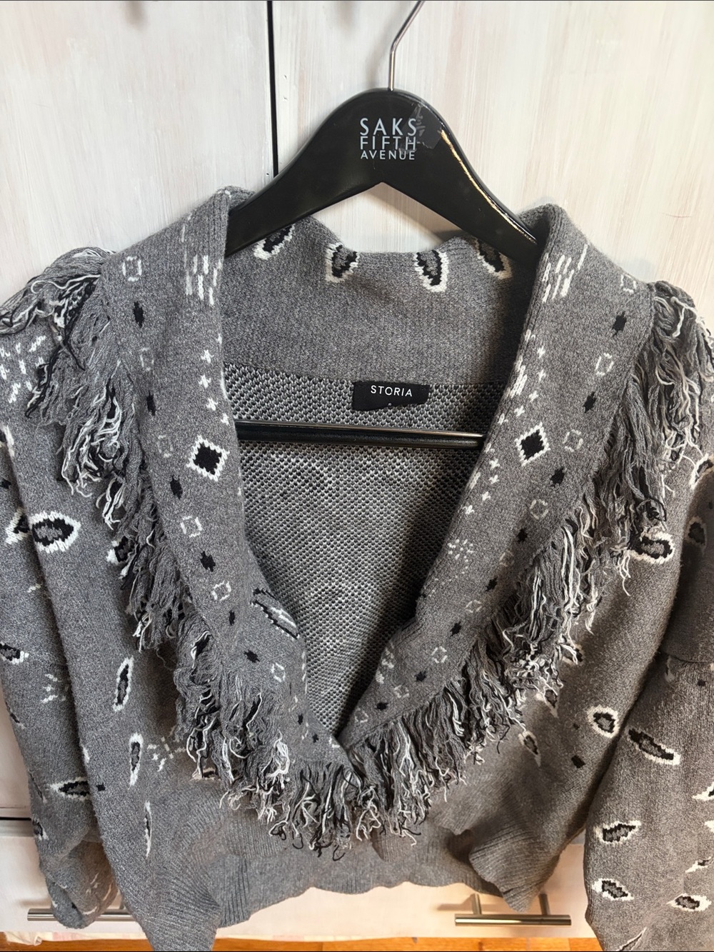 Storia Gray Fringe Shawl Cardigan with Geometric Motif